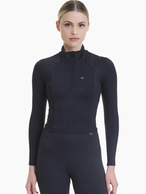 Long-sleeve sports top with half zipper and built-in bra with removable cups