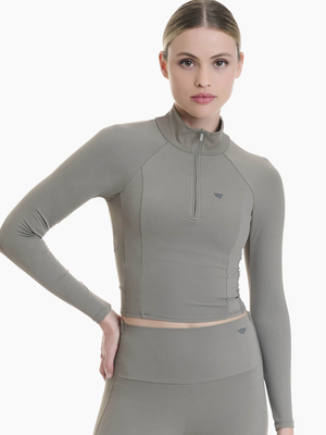 Long-sleeve sports top with half zipper and built-in bra with removable cups