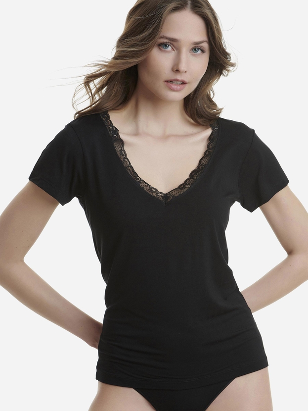 V-neck t-shirt από bamboo με δαντέλα