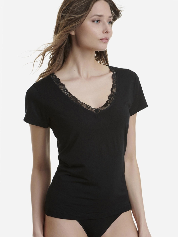 V-neck t-shirt από bamboo με δαντέλα